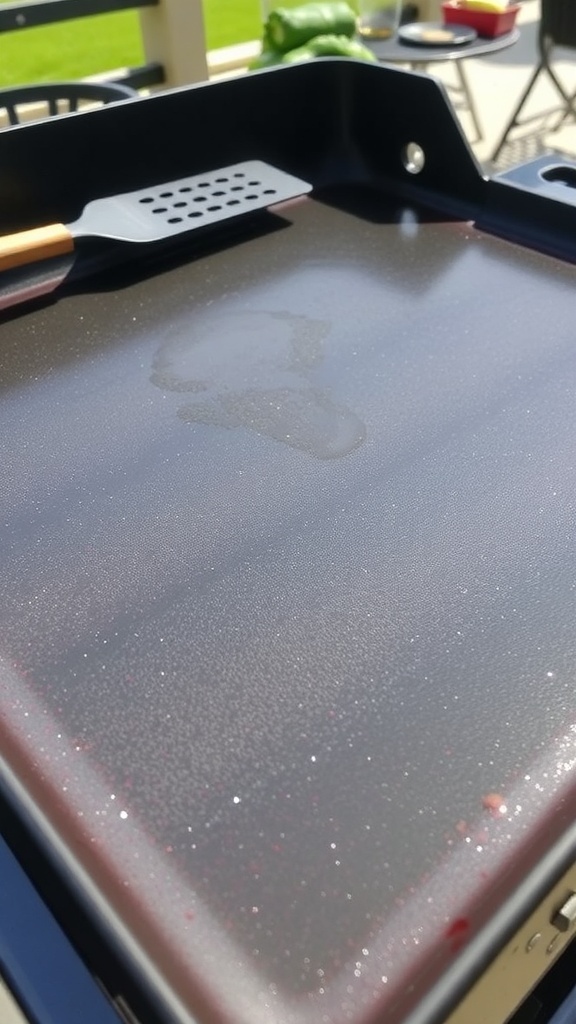 A shiny Blackstone griddle ready for cooking, with oil droplets and a sunny outdoor setting.